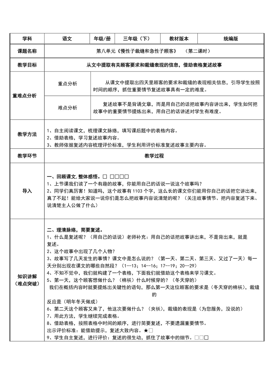 人教部編版三年級(jí)語文下冊(cè)教案《慢性子裁縫和急性子顧客》_第1頁(yè)