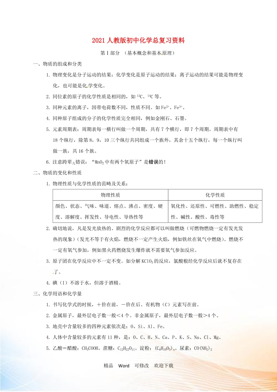 2021屆中考化學(xué) 考前回歸必備 化學(xué)總復(fù)習(xí)資料_第1頁