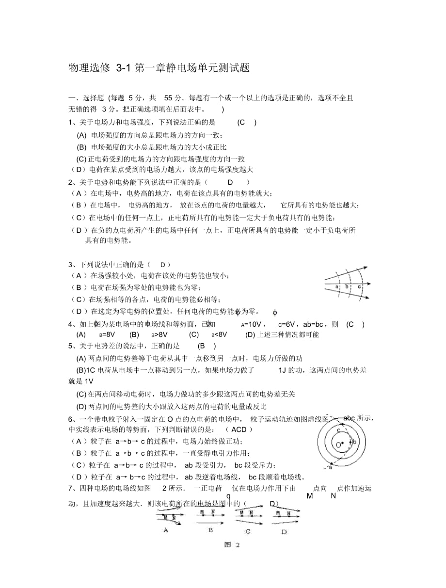 物理選修3-1第一章靜電場單元測試題_第1頁