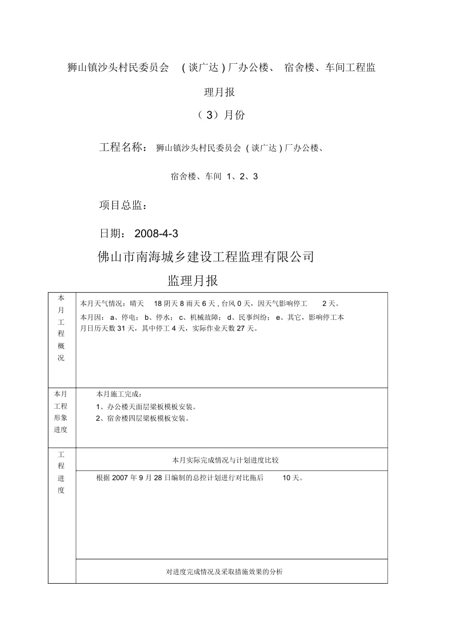 狮山镇沙头村民委员会(谈广达)厂办公楼、宿舍楼、车间工程监理月报_第1页