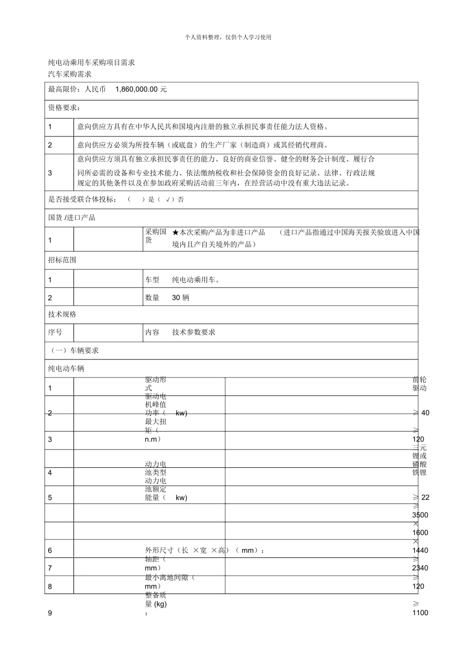 純電動(dòng)乘用車采購(gòu)項(xiàng)目需求_第1頁(yè)