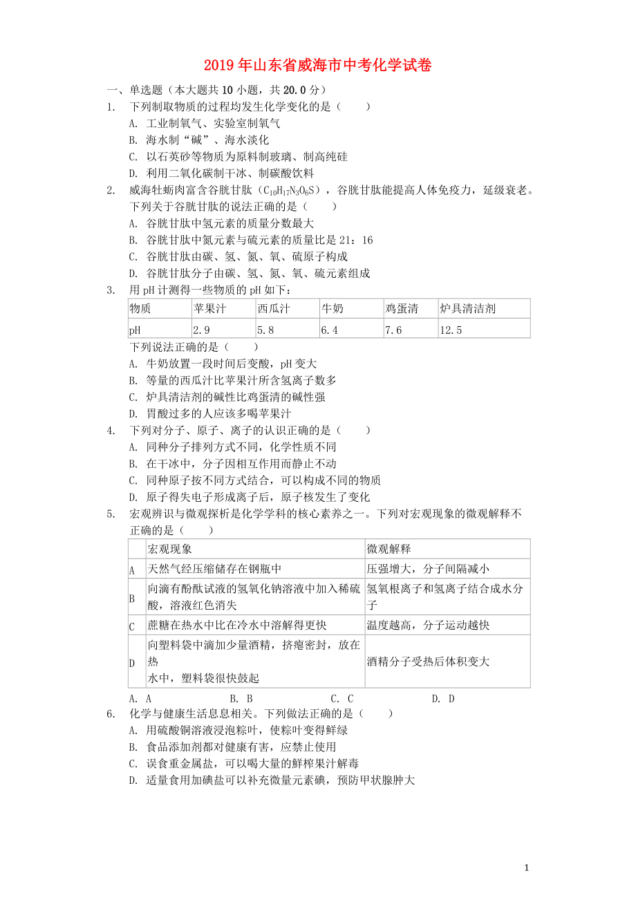 中考卷：山东省威海市19版化学卷（含解析）_第1页