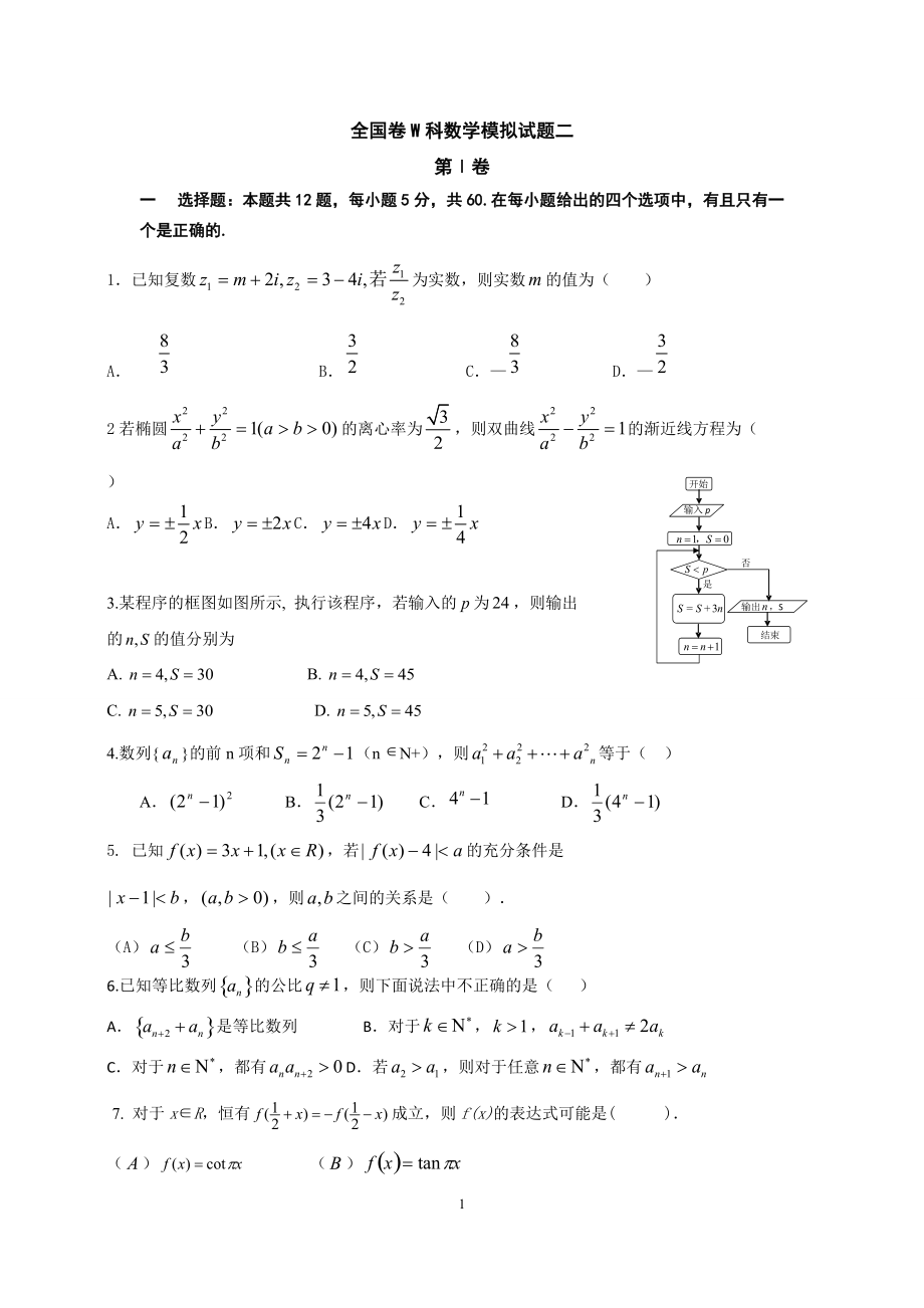 全國新課標(biāo)屆高三考前沖刺數(shù)學(xué)理科試題二含答案_第1頁