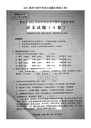 2021重慶巴南中考語文試題及答案(A卷)