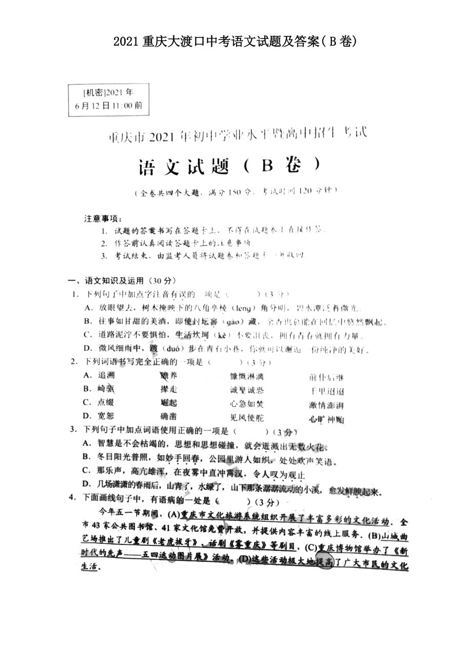 2021重庆大渡口中考语文试题及答案(B卷)_第1页