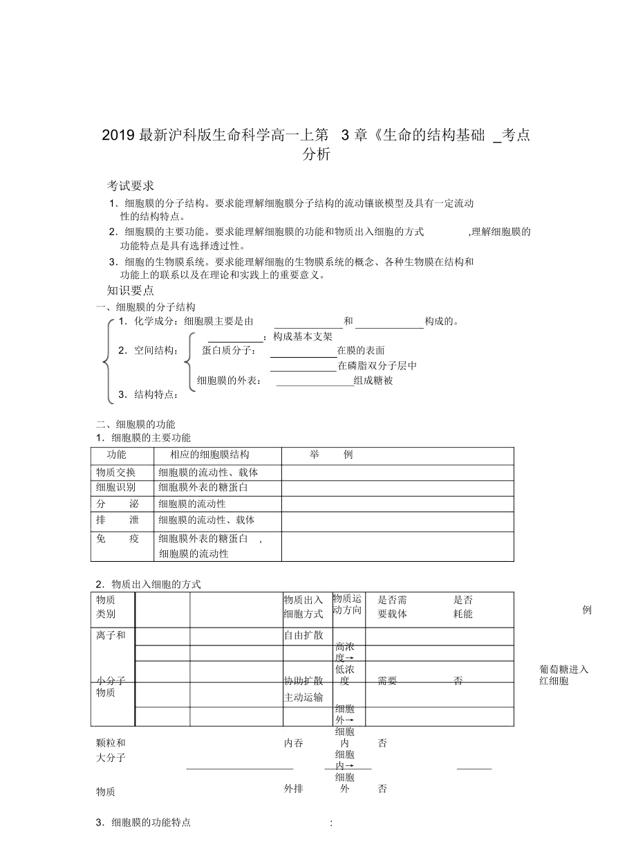 滬科版生命科學(xué)高一上第3章《生命的結(jié)構(gòu)基礎(chǔ)_考點(diǎn)分析_第1頁