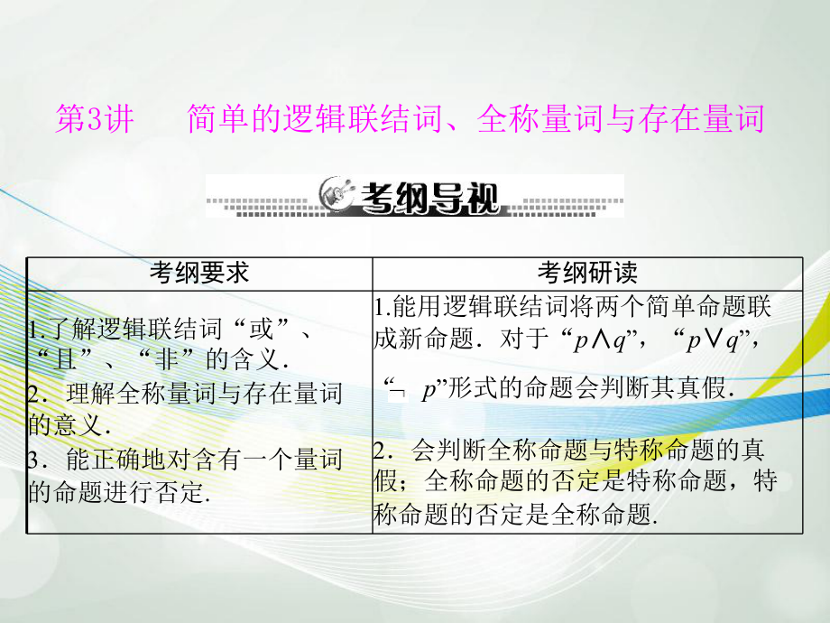 【南方新課堂】2014年高考數(shù)學一輪總復習 （基礎輕過關+考點巧突破）第一章 第3講 簡單的邏輯聯(lián)結詞、全稱量詞與存在量詞課件 理 新人教版