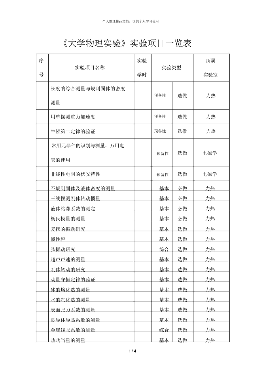 《大學物理實驗》實驗項目一覽表_第1頁