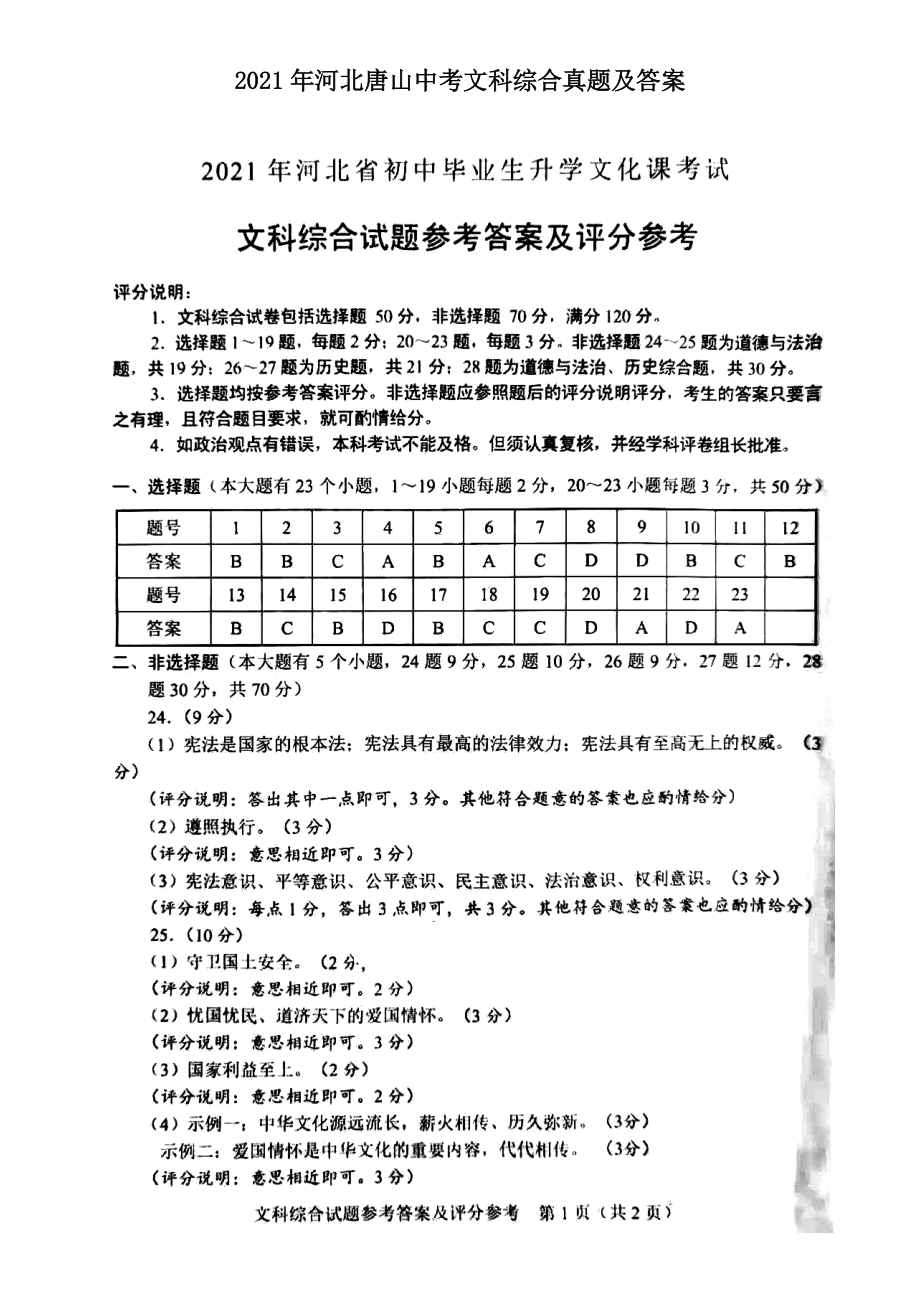 2021年河北唐山中考文科综合真题及答案_第1页