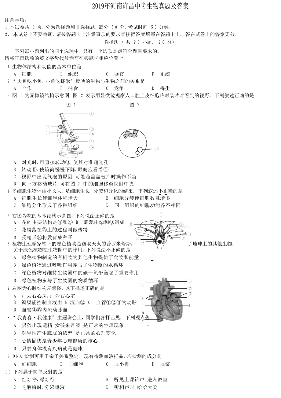 2019年河南许昌中考生物真题及答案_第1页