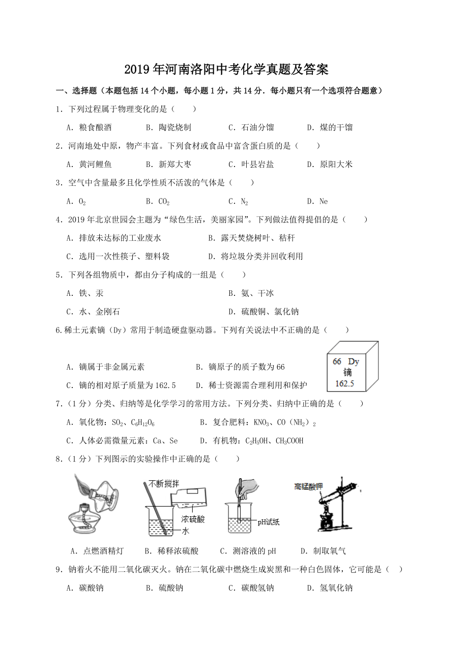 2019年河南洛阳中考化学真题及答案_第1页