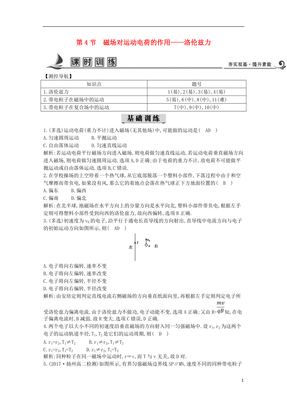 2017-2018学年度高中物理 第三章 磁场 第4节 磁场对运动电荷的作用—洛伦兹力课时训练【含解析】教科版选修3-1_第1页