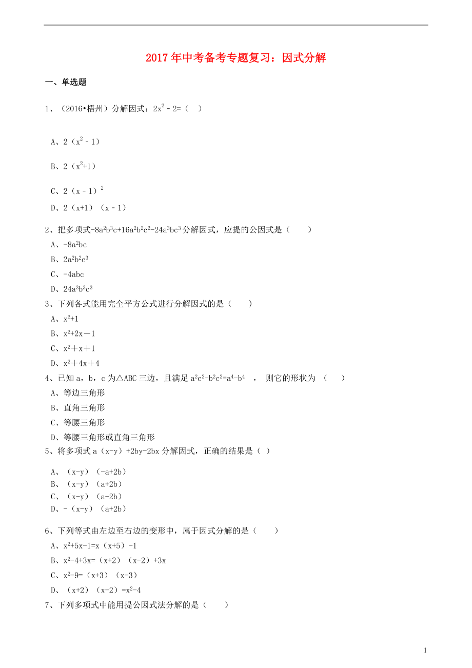 2017年度中考数学备考专题复习 因式分解【含解析】_第1页