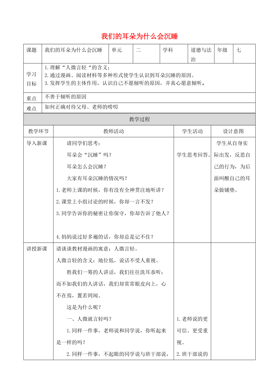 2016年秋季版七年級(jí)道德與法制下冊(cè) 第三單元 一起成長(zhǎng) 第七課 讓我們的耳朵醒來(lái) 第2框 我們的耳朵為什么會(huì)沉睡教案 人民版_第1頁(yè)