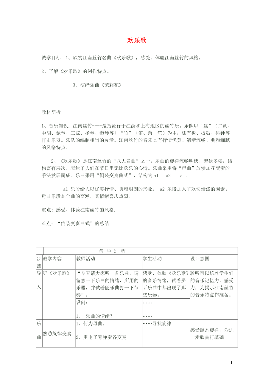 六年級音樂上冊 歡樂歌教案 蘇少版_第1頁