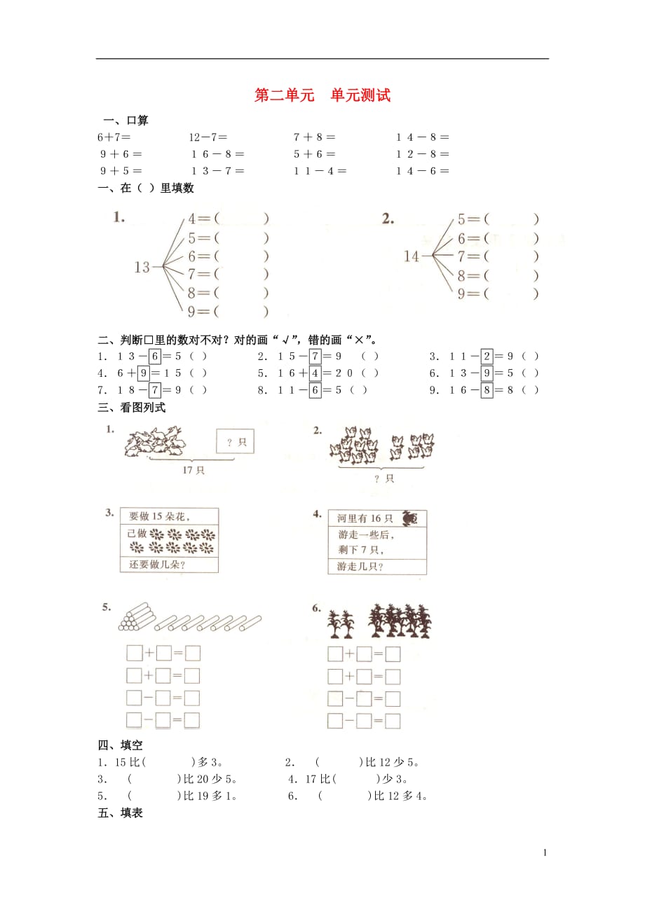 2017春一年級(jí)數(shù)學(xué)下冊(cè) 第二單元《20以內(nèi)退位減法》測(cè)試3（無答案）（新版）新人教版_第1頁(yè)