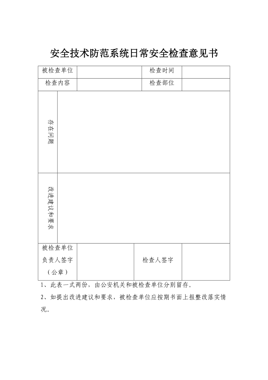 安全技术防范系统日常安全检查意见书_第1页