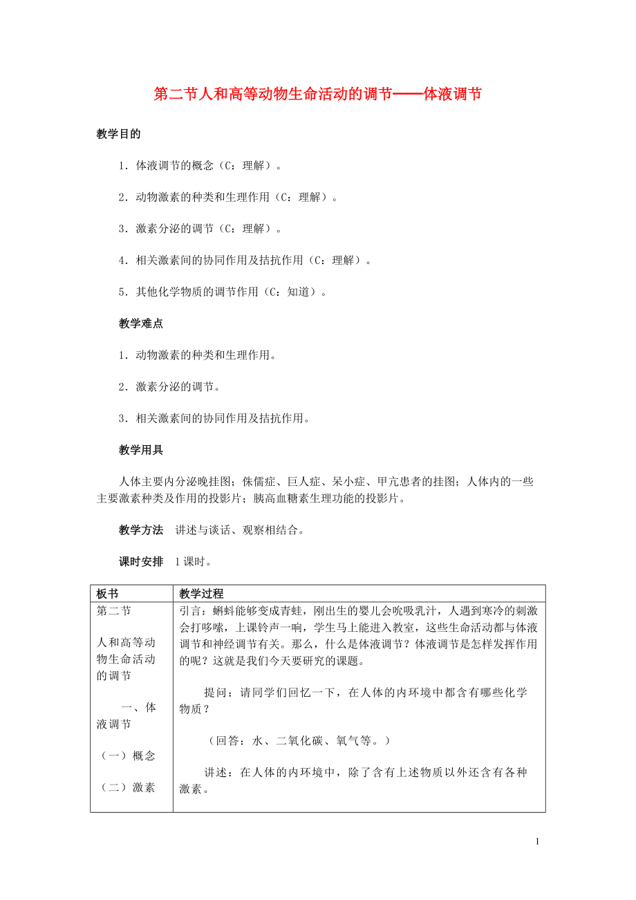 重慶市榮昌安富中學2016版高一生物 人和高等動物生命活動的調節(jié) 體液調節(jié)教案_第1頁