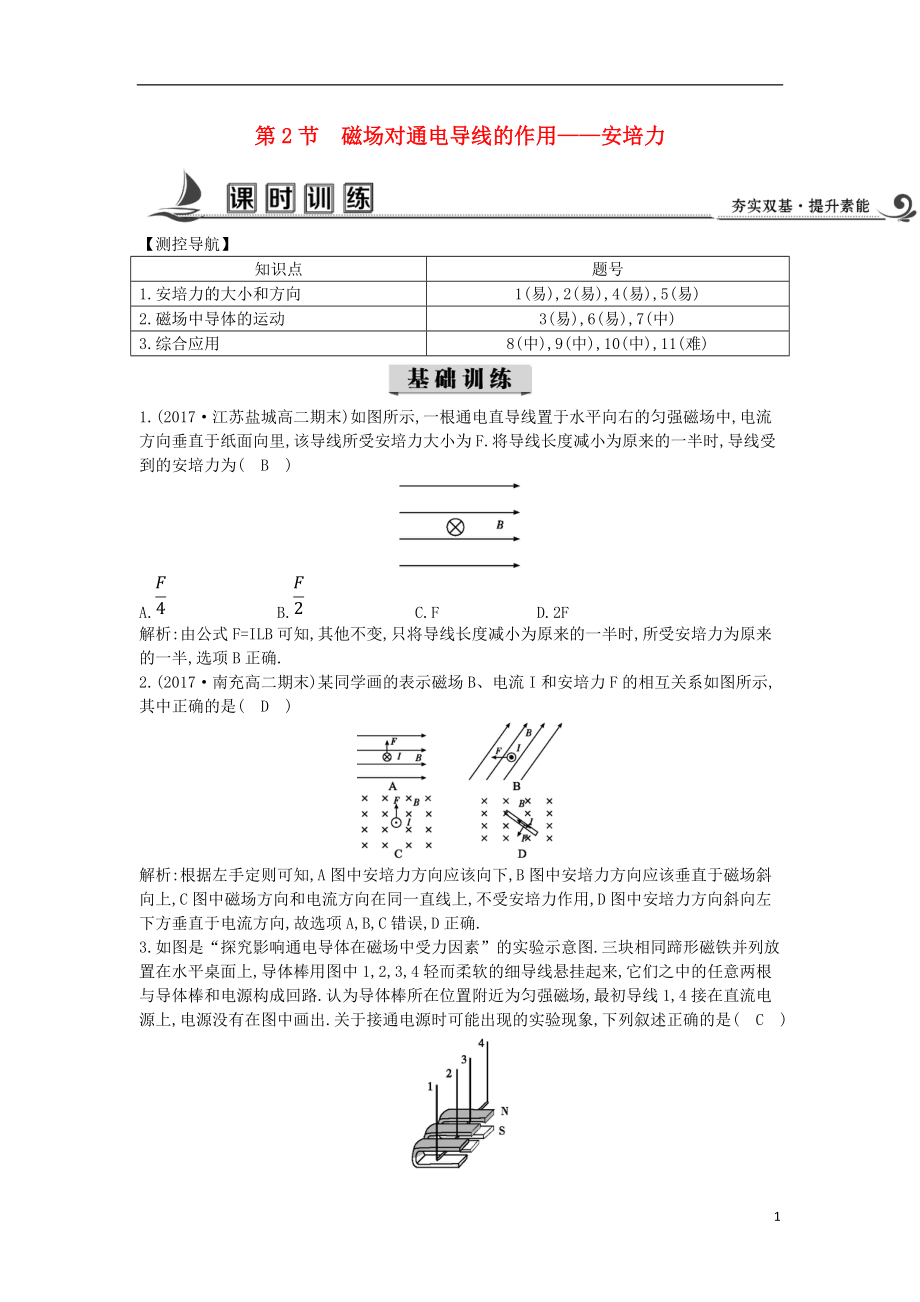 2017-2018學(xué)年度高中物理 第三章 磁場 第2節(jié) 磁場對通電導(dǎo)線的作用—安培力課時訓(xùn)練【含解析】教科版選修3-1_第1頁