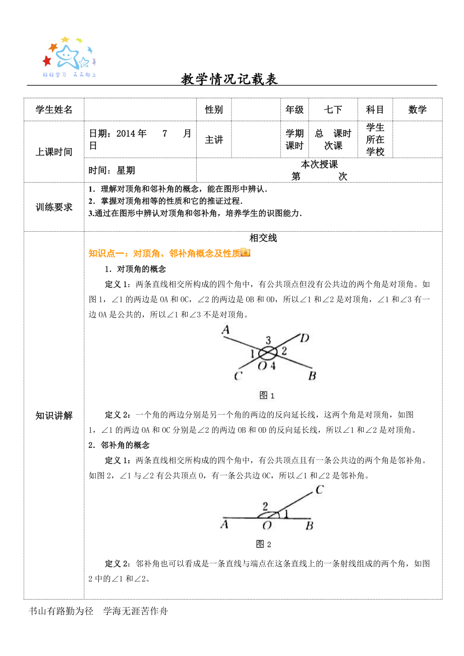 1 人教版七年級下冊數(shù)學(xué) 對頂角 相交線訓(xùn)練卷_第1頁