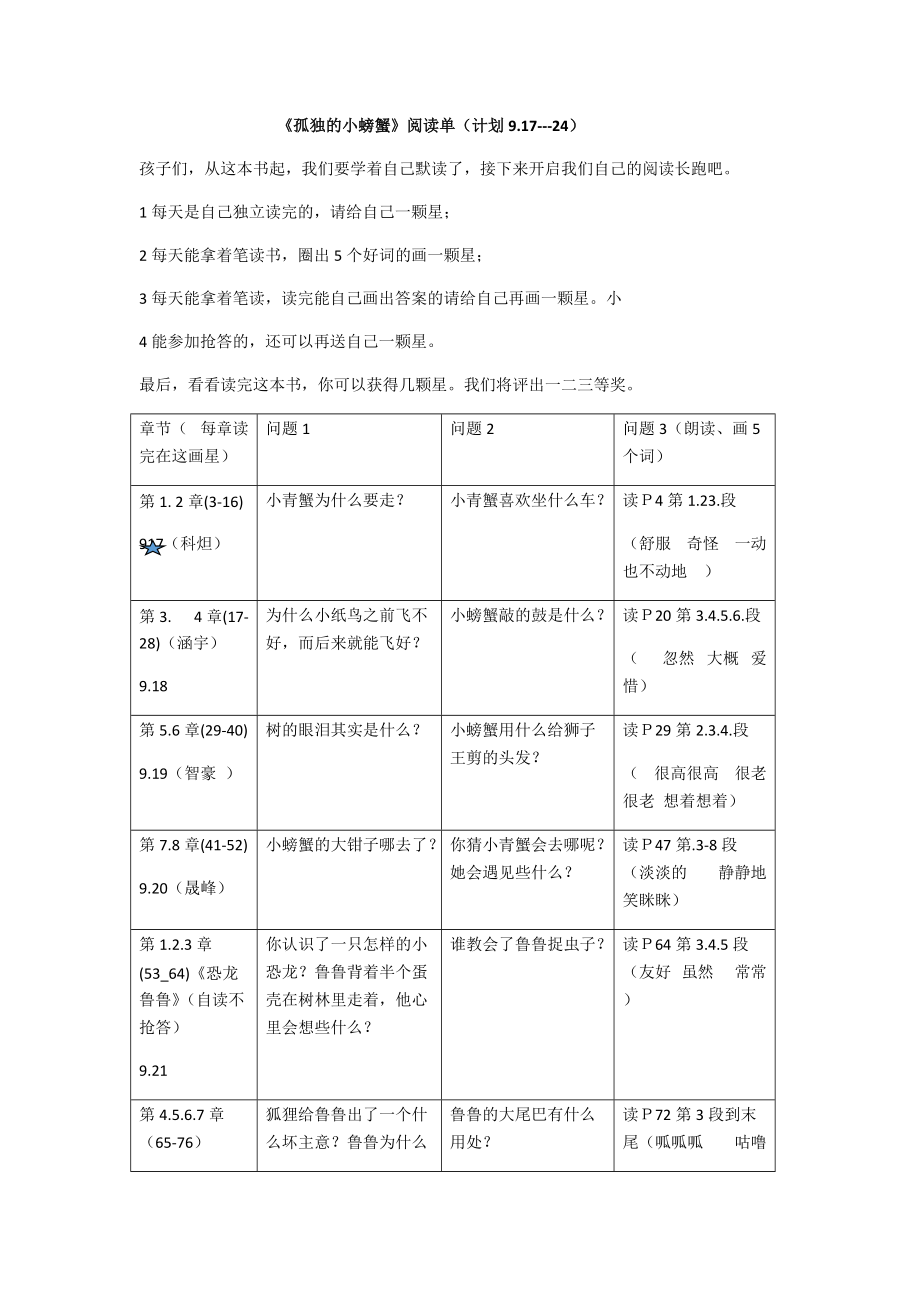 《孤獨(dú)的小螃蟹》閱讀單_第1頁