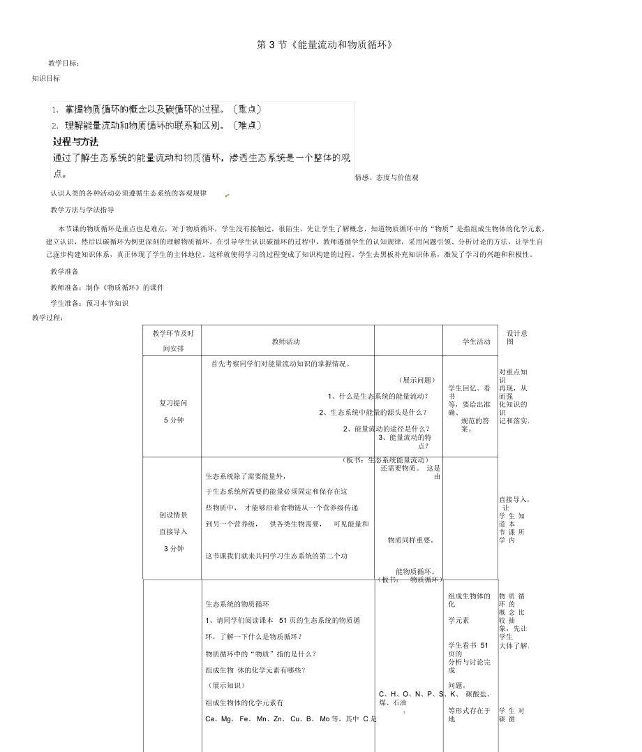 八年級(jí)生物下冊(cè)第六單元第二章《生態(tài)系統(tǒng)》第3節(jié)《能量流動(dòng)和物質(zhì)循環(huán)》教案濟(jì)南版_第1頁(yè)