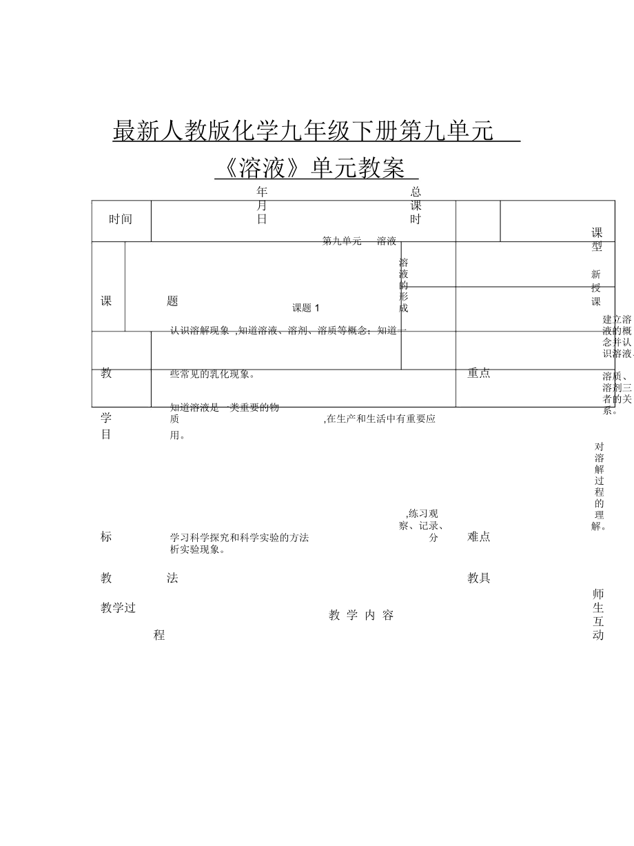 人教版化學九年級下冊第九單元《溶液》單元教案_第1頁