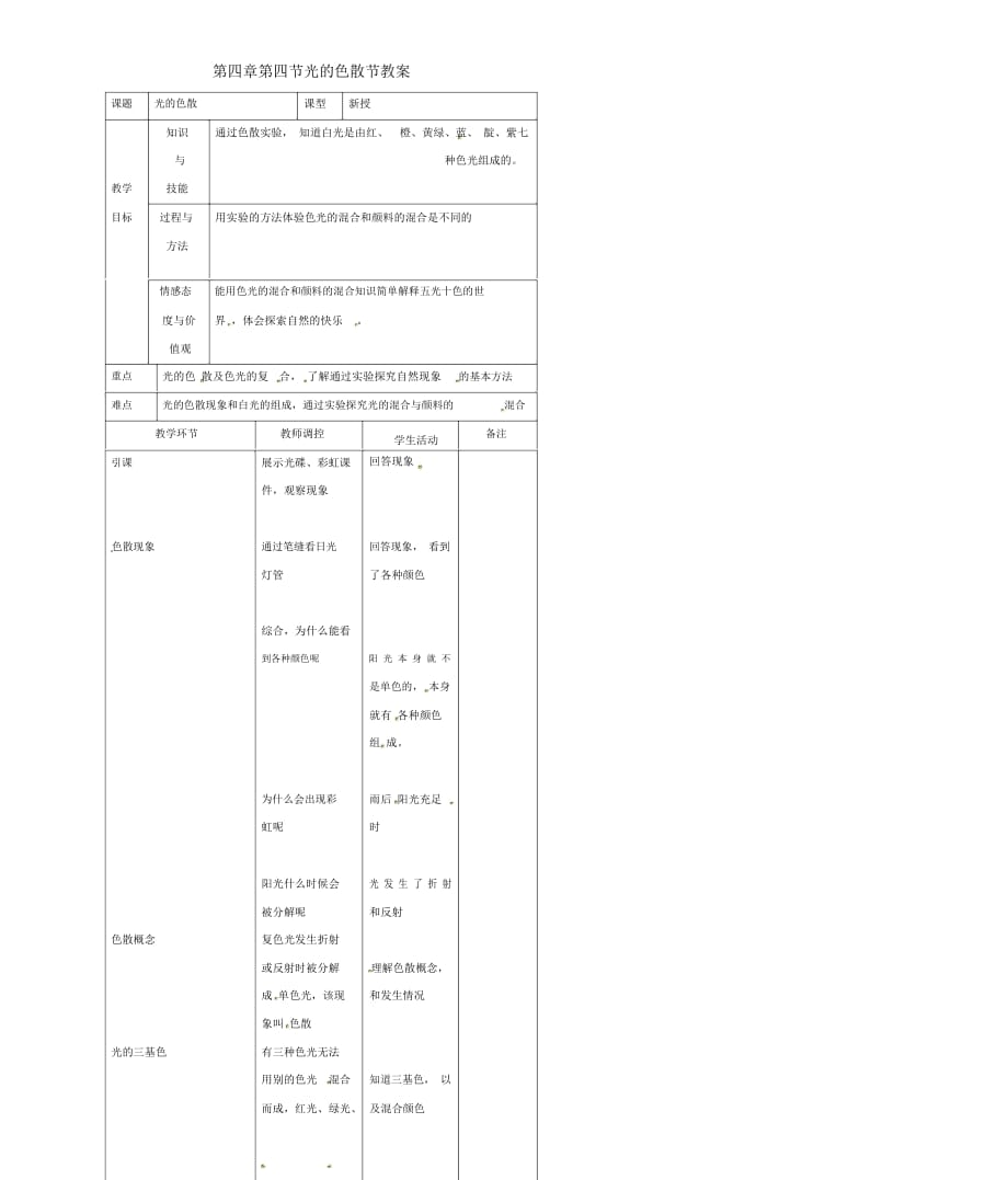 八年级物理4.4光的色散教案沪科版_第1页