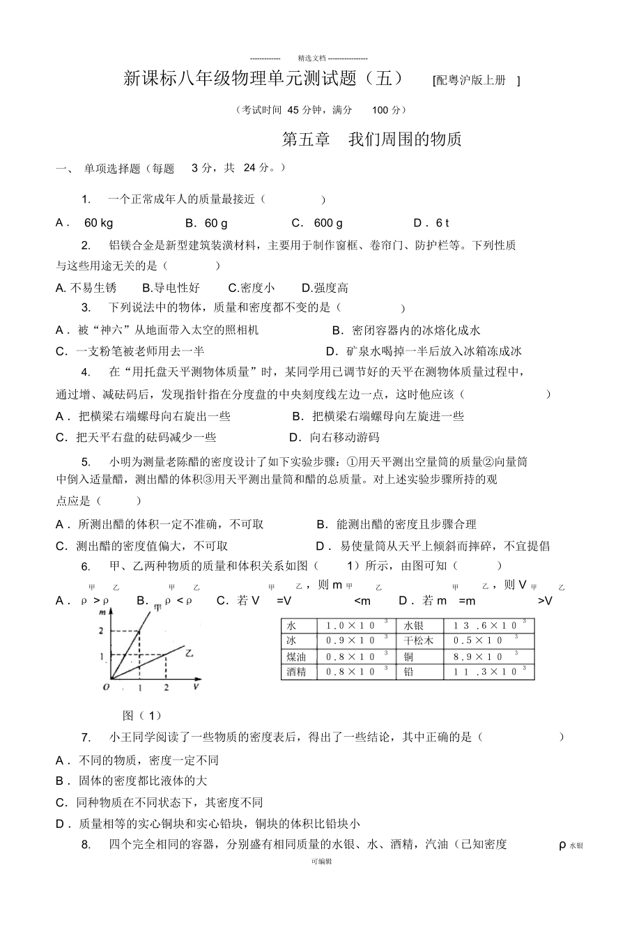 粵滬版八年級物理第五章《我們周圍的物質(zhì)》單元測試_第1頁