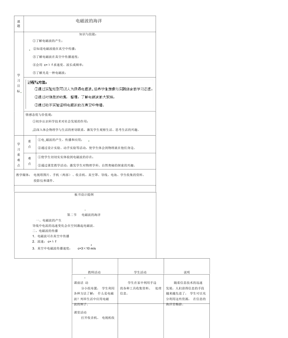 第四十二中學(xué)八年級(jí)物理《電磁波的海洋》教案人教新課標(biāo)版_第1頁(yè)