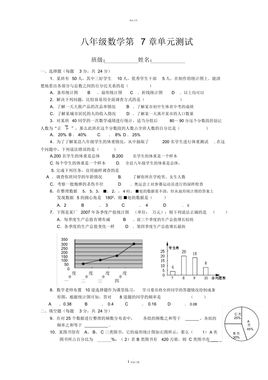 蘇教版八年級數(shù)學(xué)八年級數(shù)學(xué)第7章單元測試_第1頁