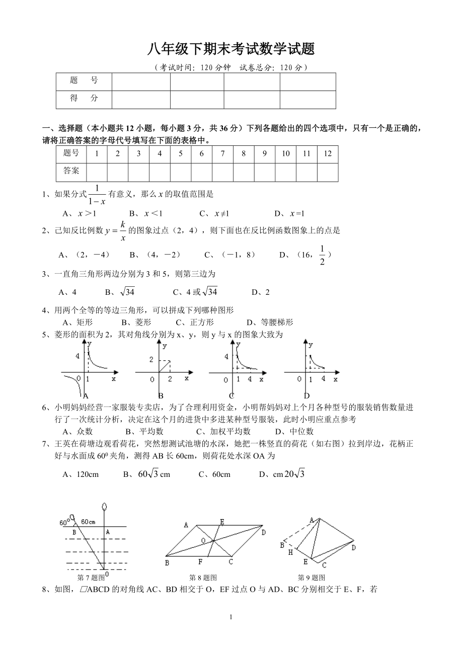 新人教版八年級(jí)(下)數(shù)學(xué)期末試卷及答案-精編_第1頁