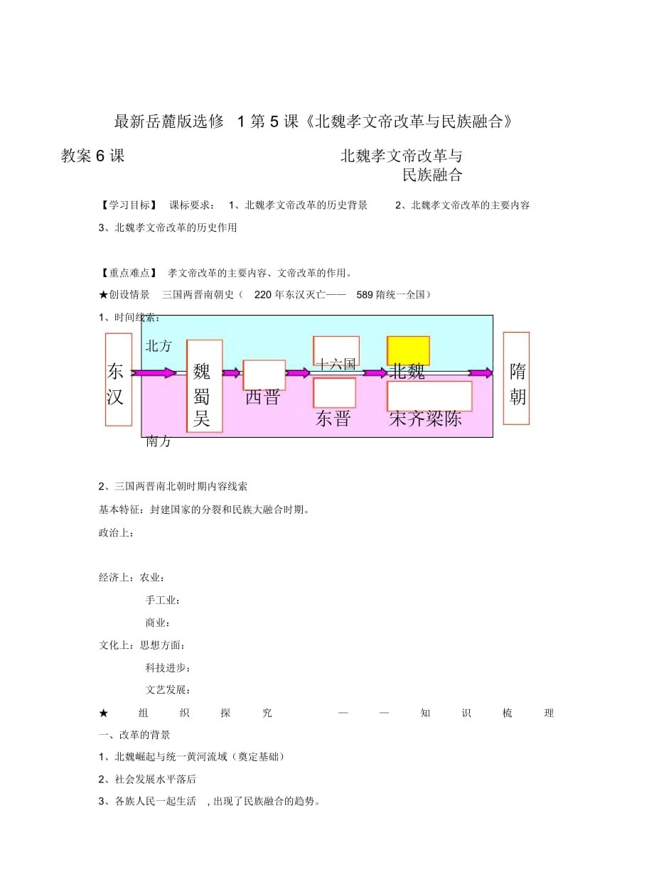 岳麓版選修1第5課《北魏孝文帝改革與民族融合》教案_第1頁