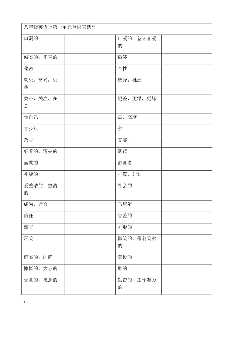 譯林版八年級(jí)上冊(cè)英語(yǔ)單詞默寫表-_第1頁(yè)