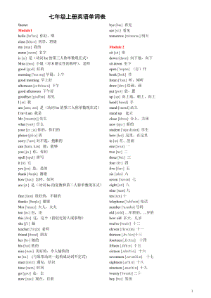 外研社七年級上冊英語單詞表-精編