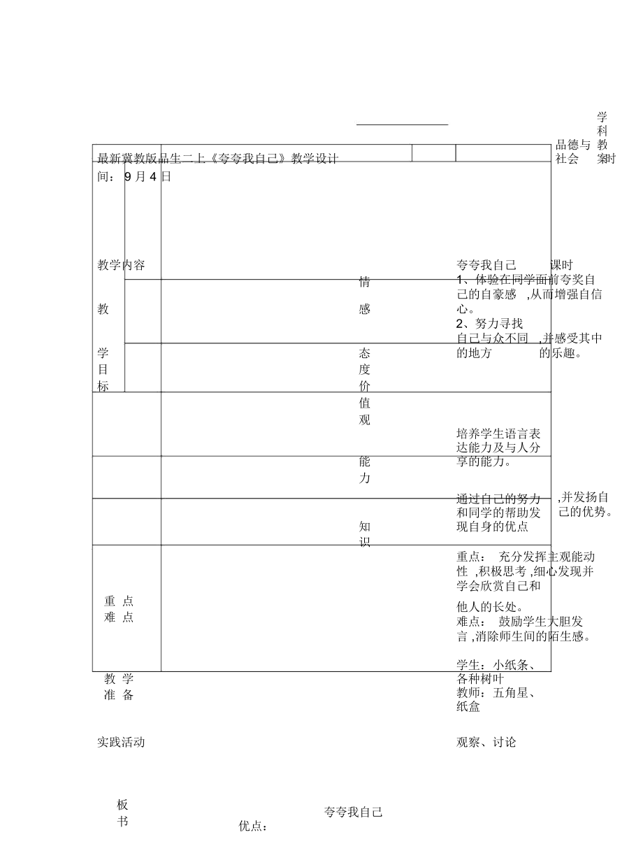 冀教版品生二上《夸夸我自己》教學(xué)設(shè)計_第1頁