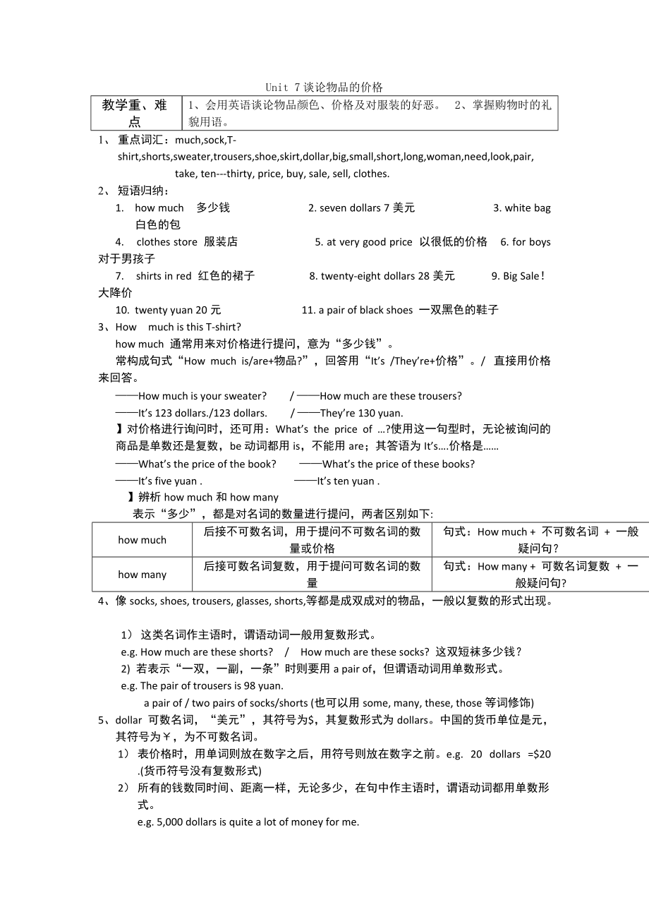 人教版 七年級上冊 英語知識點 全 第七單元 unit 7 知識點-_第1頁