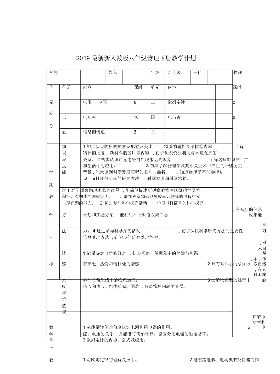 新人教版八年级物理下册教学计划_第1页