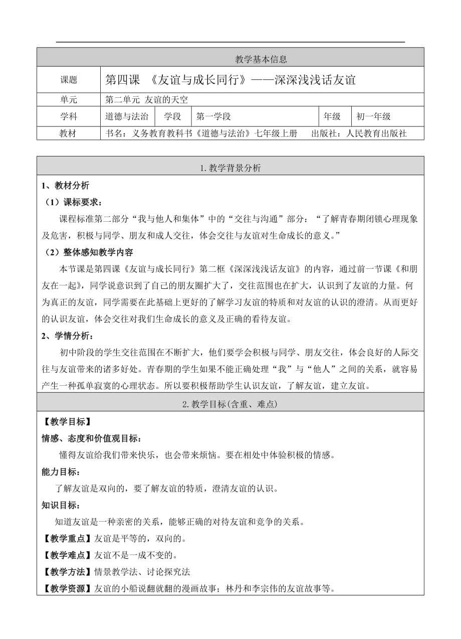 七上年級(jí)上冊(cè) 初中道德與法治《深深淺淺話友誼》教案_第1頁(yè)