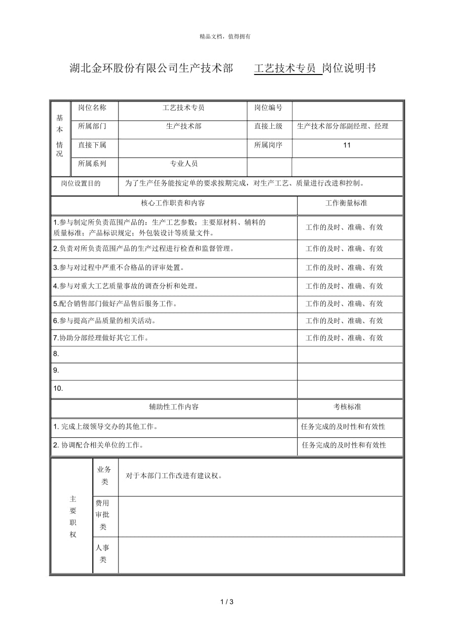 工藝技術(shù)專員 崗位說明書_第1頁