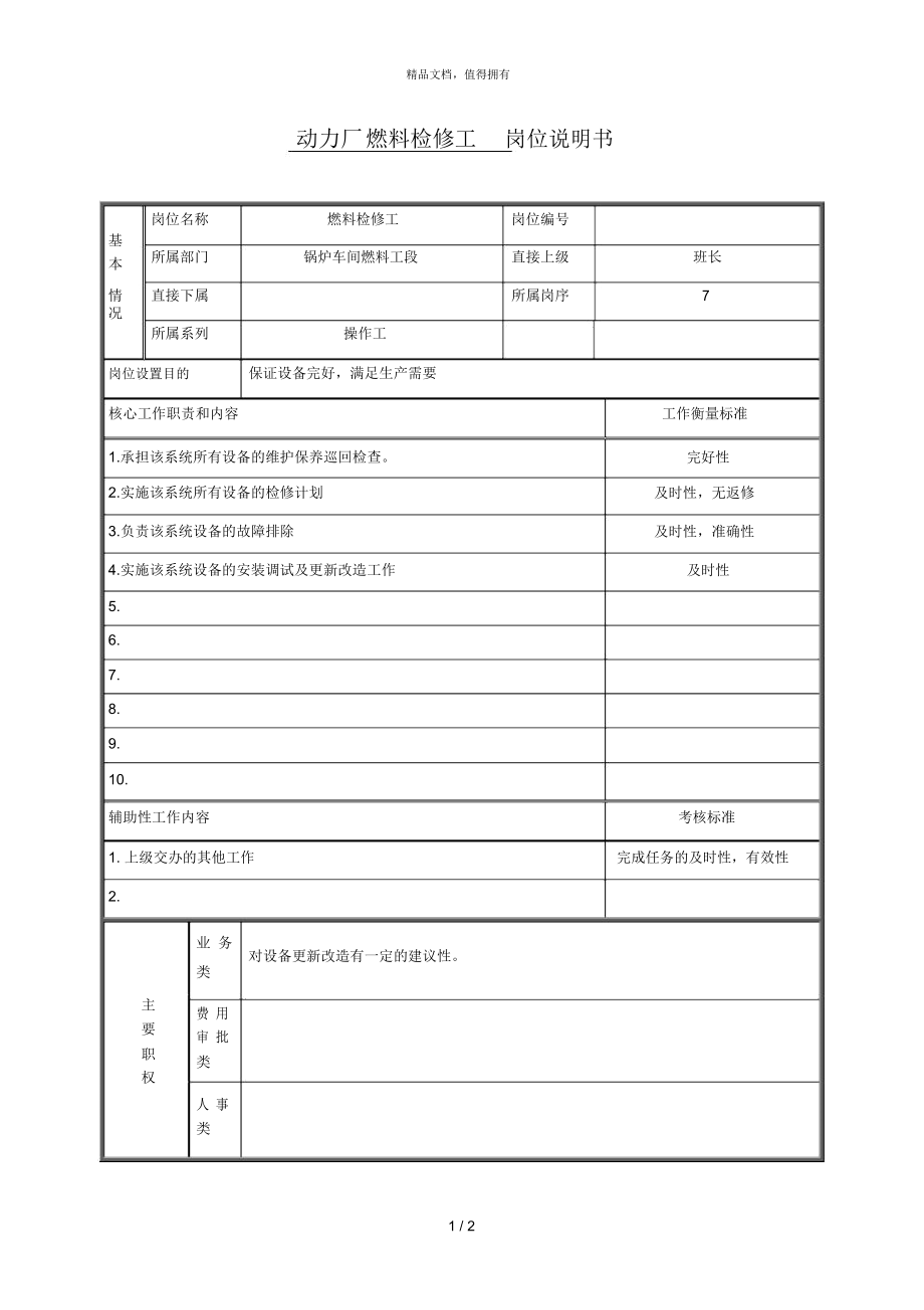 動力廠 燃料檢修工 崗位說明書_第1頁