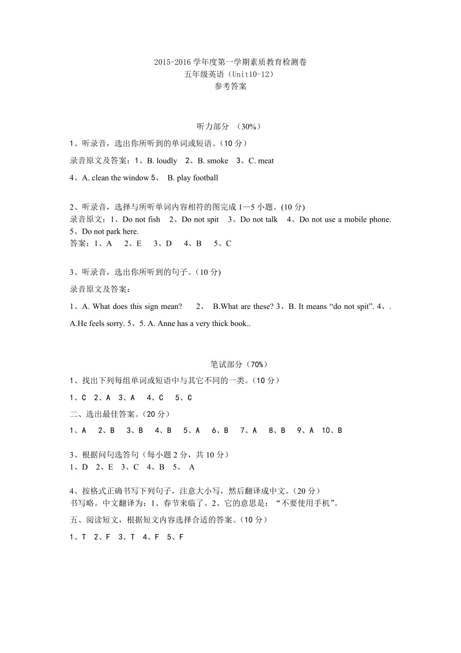 2015湘少版五上單元試卷unit10-12聽力原文及參考答案_第1頁