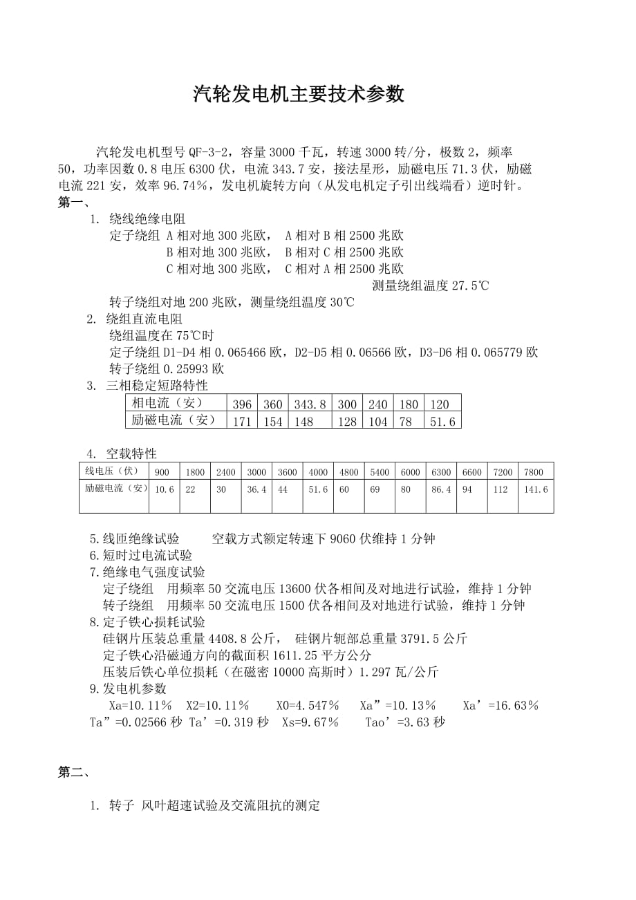 汽轮发电机主要技术参数概览_第1页