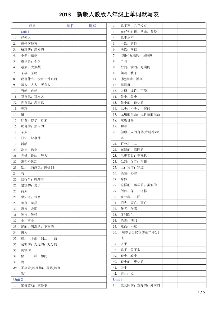 八年級上冊英語單詞默寫表(2013版)_第1頁
