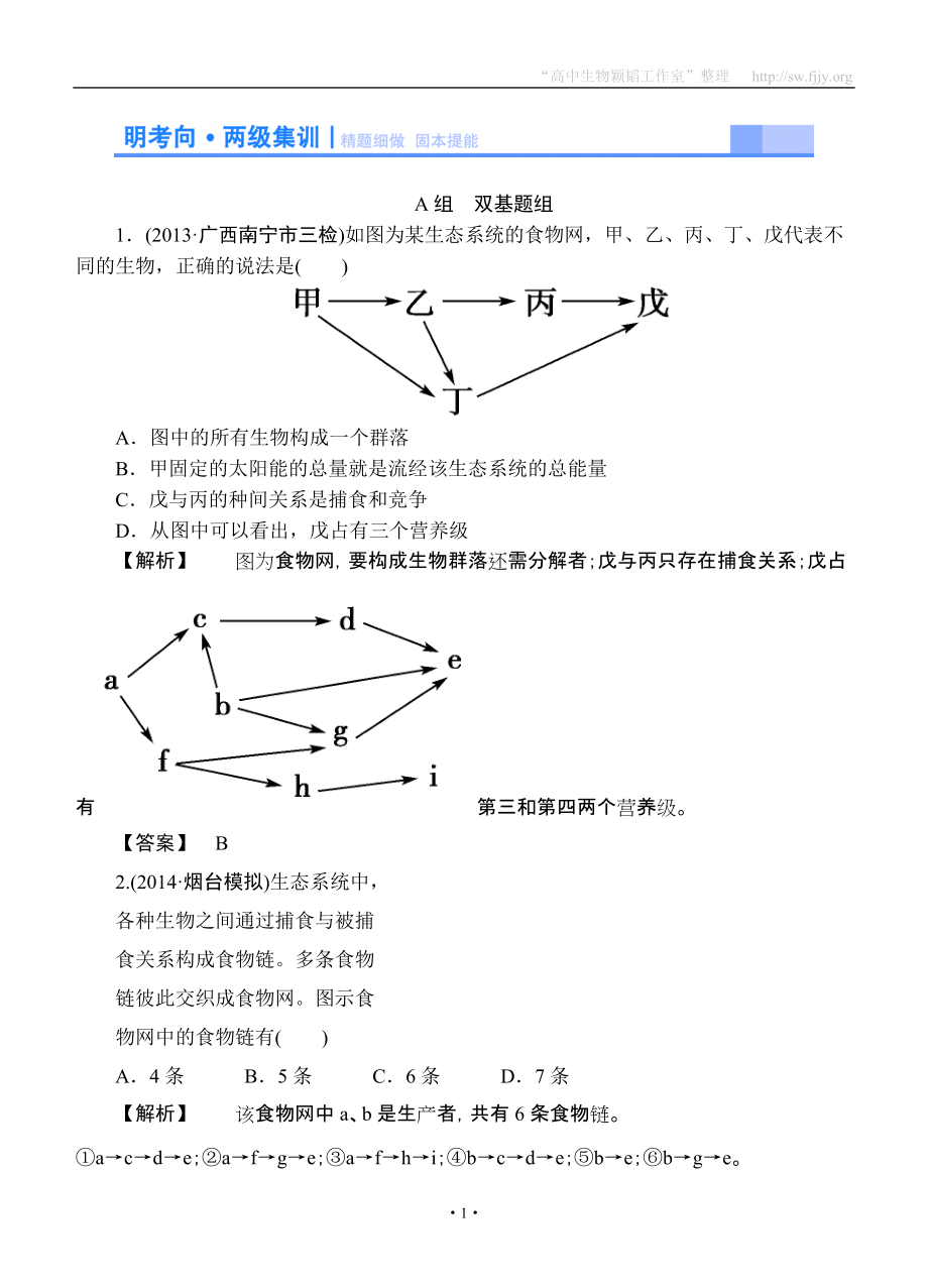 2015高考生物大一輪復(fù)習(xí)配套精題細(xì)做：生態(tài)系統(tǒng)的結(jié)構(gòu)（雙基題組+高考題組含解析）_第1頁(yè)