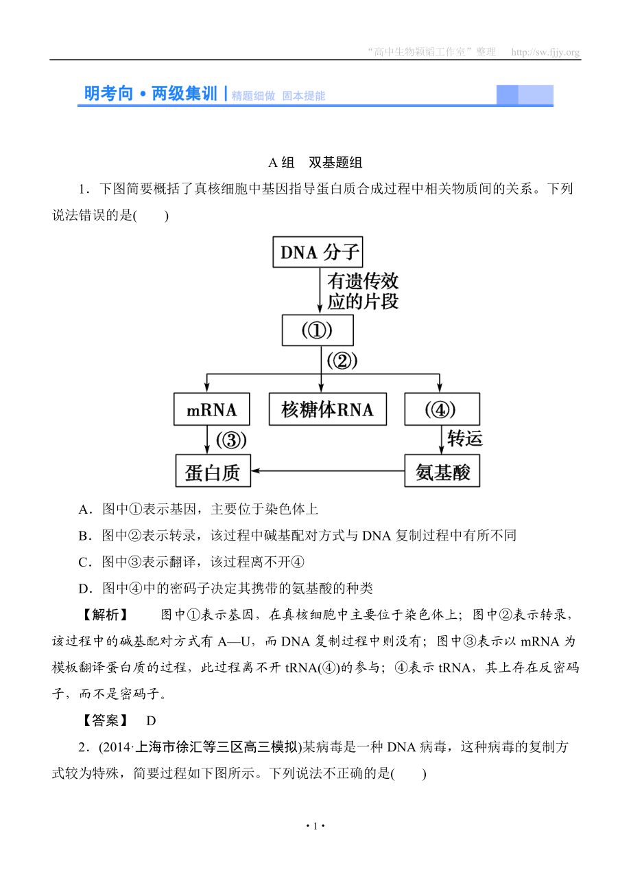 2015高考生物大一輪復(fù)習(xí)配套精題細(xì)做：基因的表達(dá)（雙基題組+高考題組含解析）_第1頁