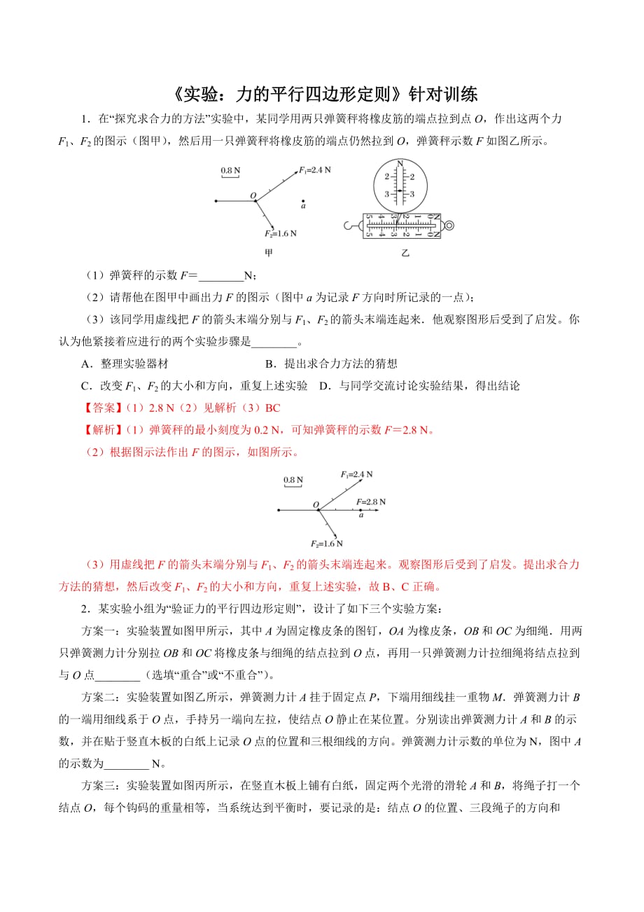 2021年高考物理总复习实验题型训练 《力的平行四边形法则》_第1页