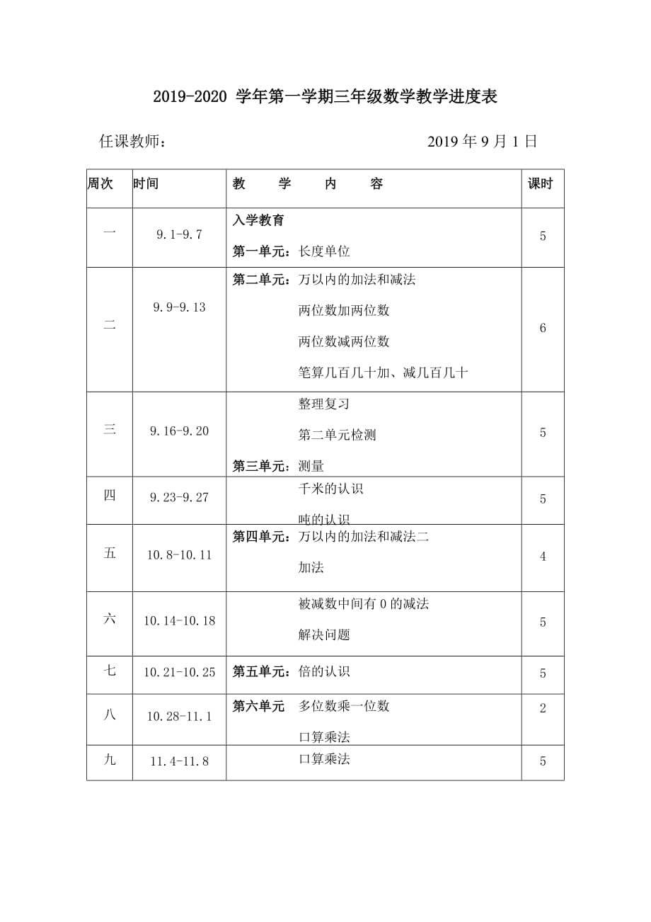 人教版三年級數(shù)學上冊教學進度表_第1頁