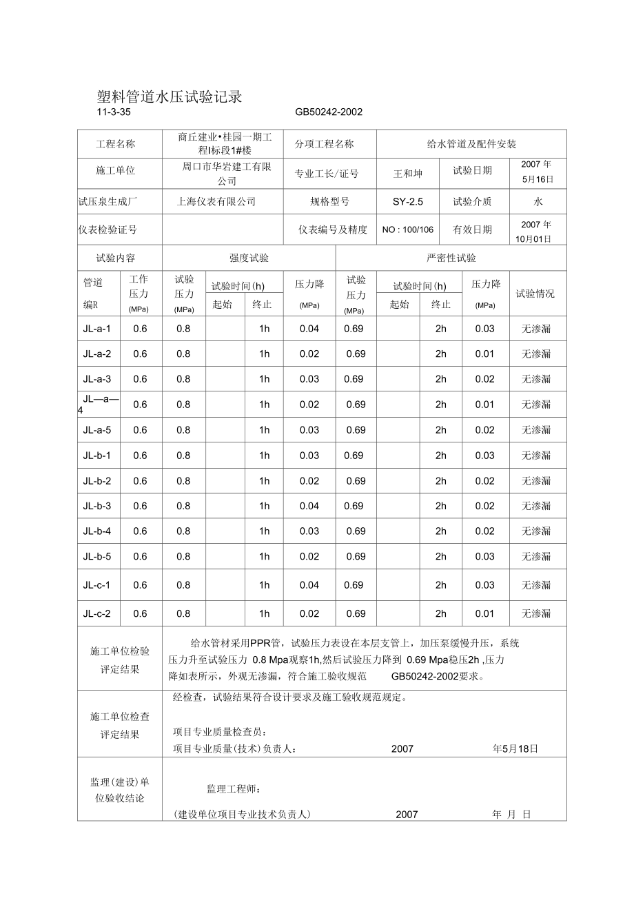 塑料管道水壓試驗(yàn)記錄要點(diǎn)_第1頁(yè)