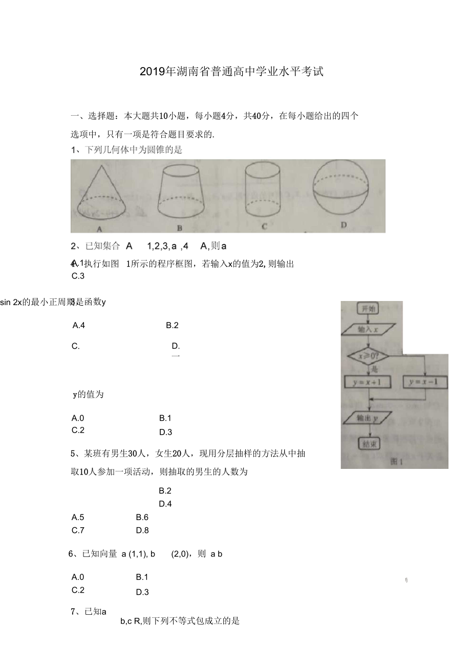 湖南省学业水平考试数学真题_第1页